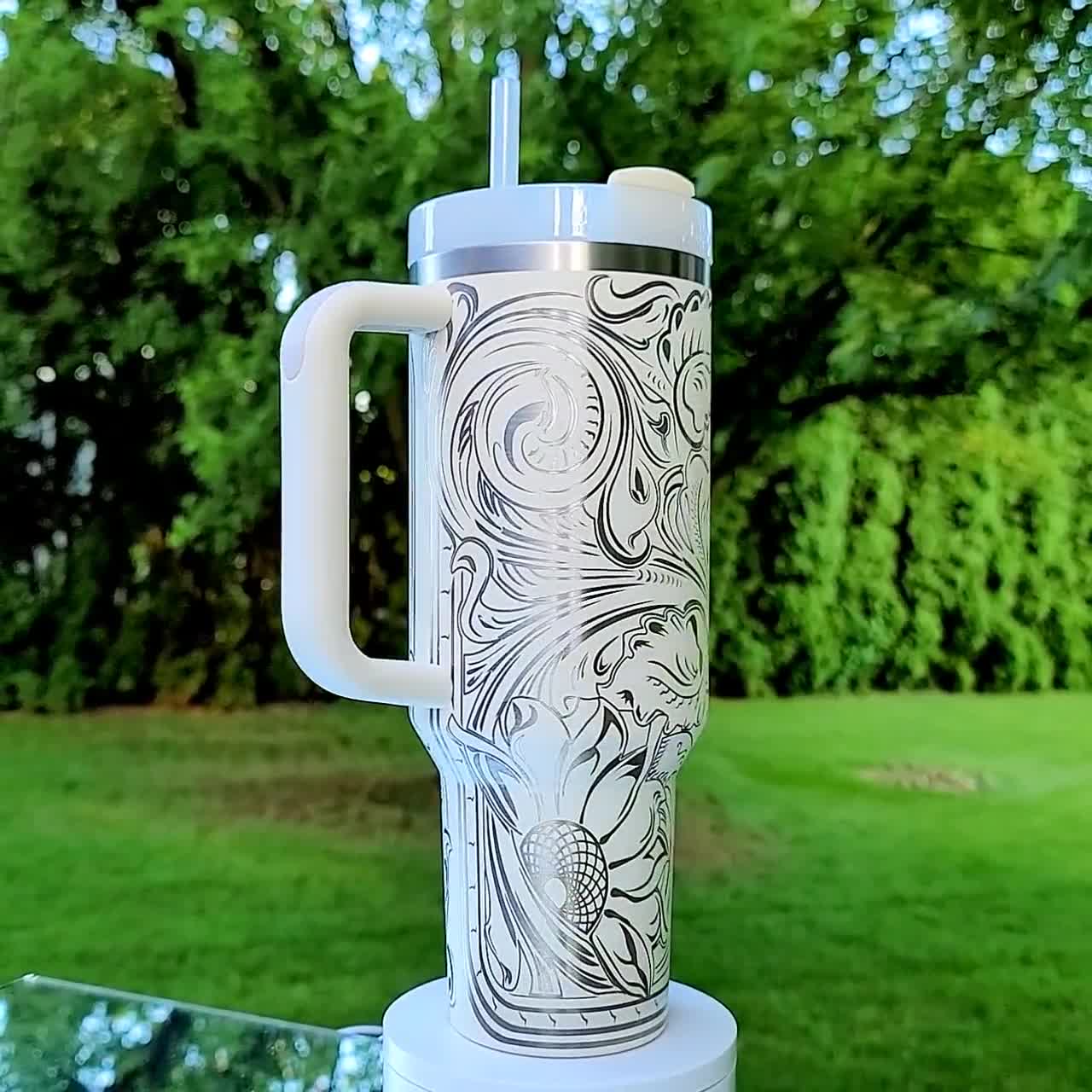 Apricot Simple Modern Trek Tumbler with Tooled Leather Sunflower Engraving