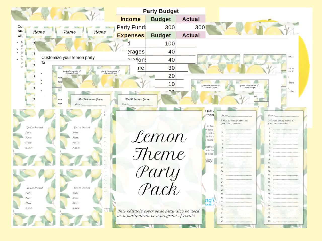 Editable Lemon Party Bundle: Invitations, Games, Place Cards, Labels,  Decor, Customize in Google Slides for Showers, Birthdays, Tea Parties - Etsy