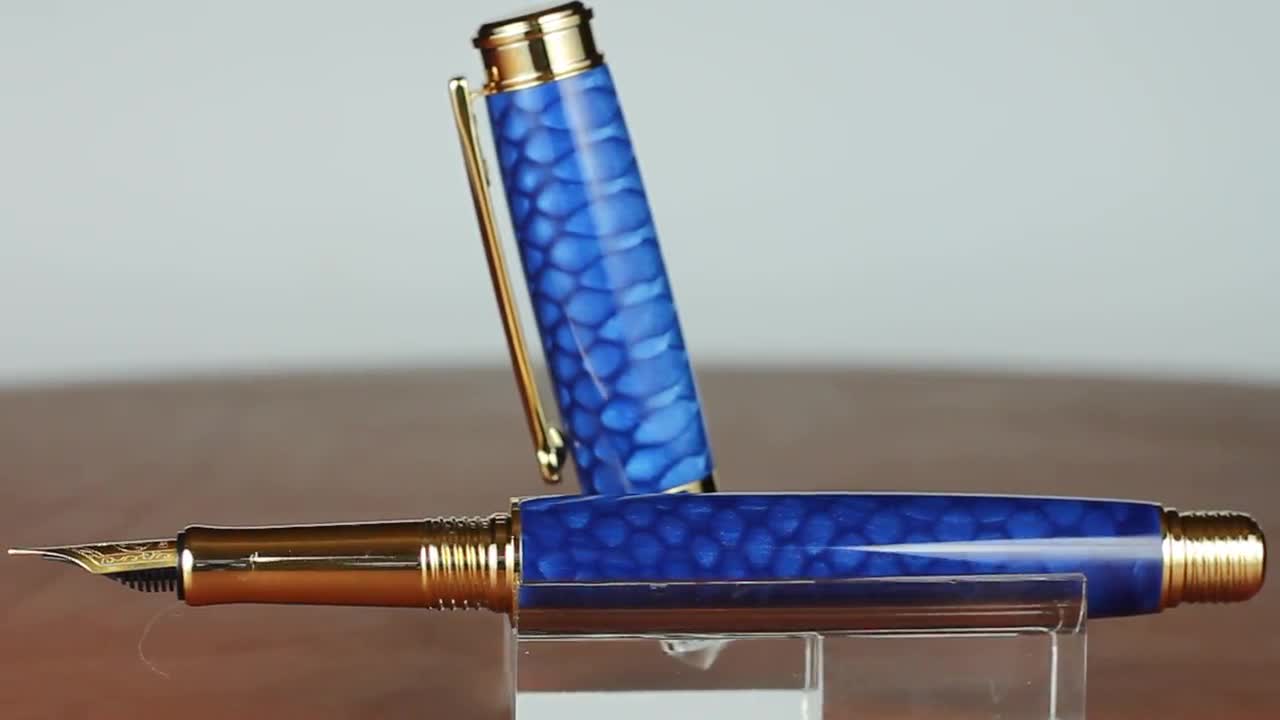 Fountain Pen - Handmade Juma Dragon Skin Blue - Bock 23K Gold plated Nib -  18 Coat glass polish finish