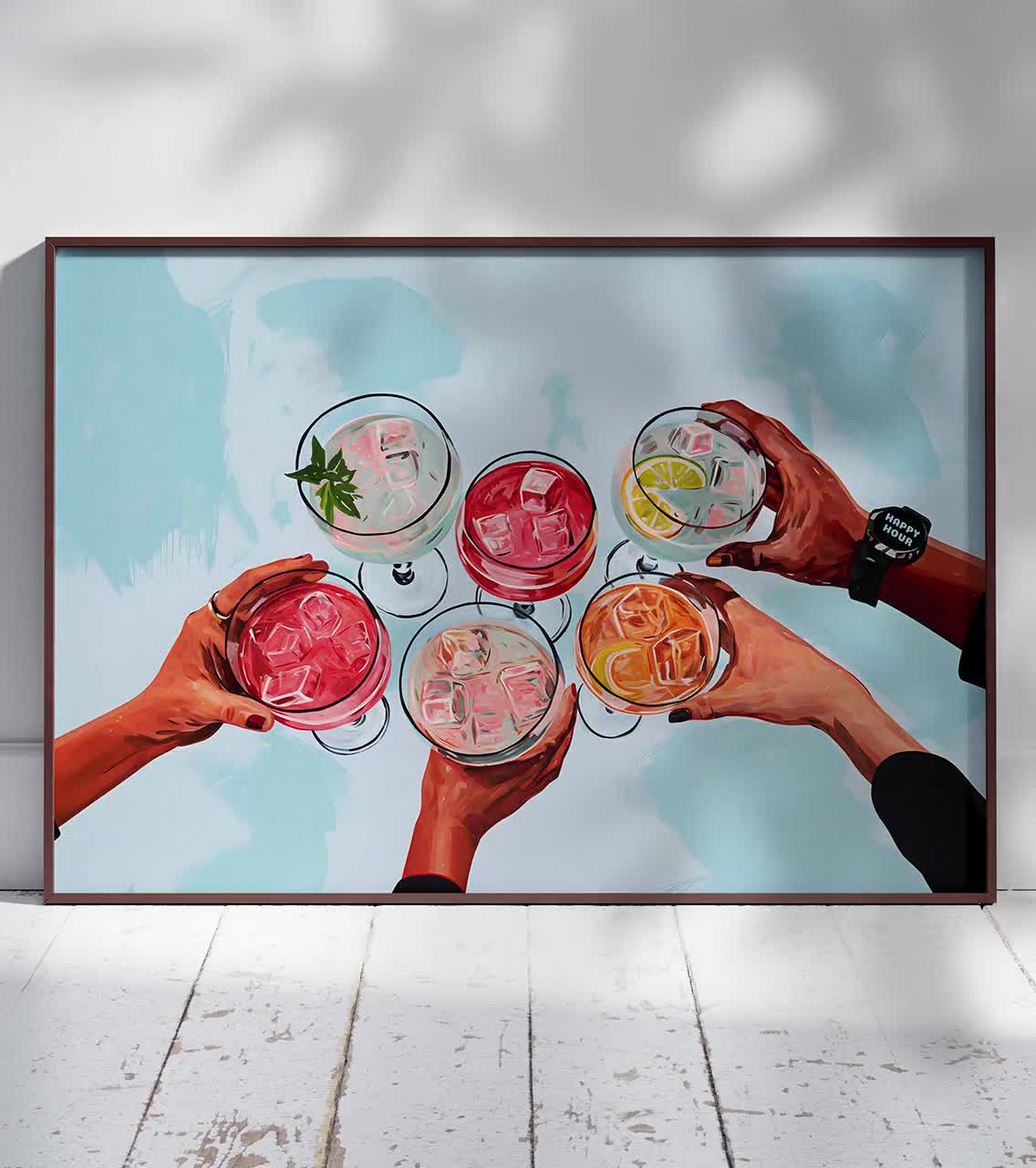 Light Blue Cheers Art Retro Bar Cart Decor Cocktail Print Girly