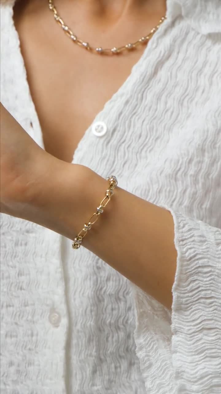 14K Gold Two Tone Chain Bracelet, Vintage Fancy Design Gold