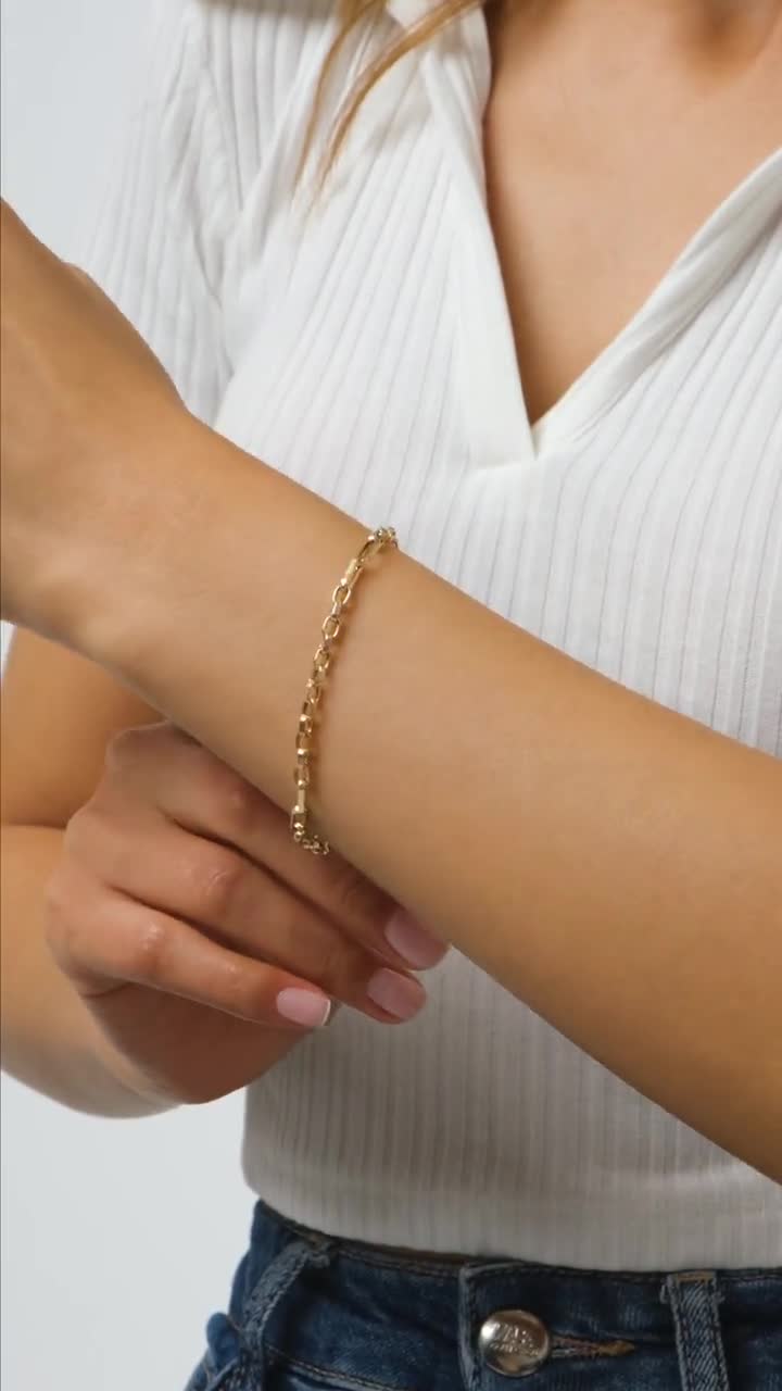 14K Gold Paperclip Chain Bracelet, 3mm Rectangle Paper Clip Chain