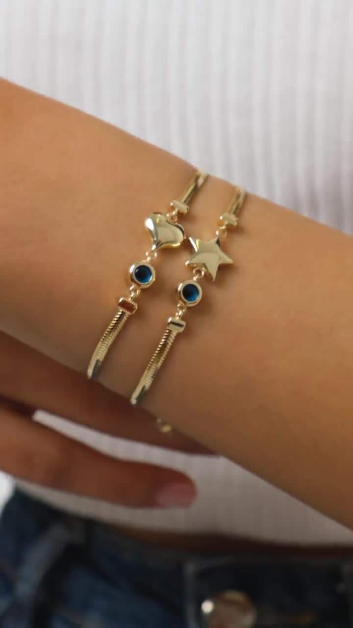 14K Gold Snake Chain Heart Star Bracelet, 2.5mm Herringbone