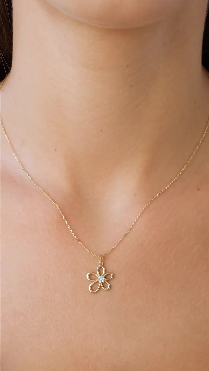 14K Gold Daisy Pendant, Gold Cz Diamond Flower Necklace, Charm