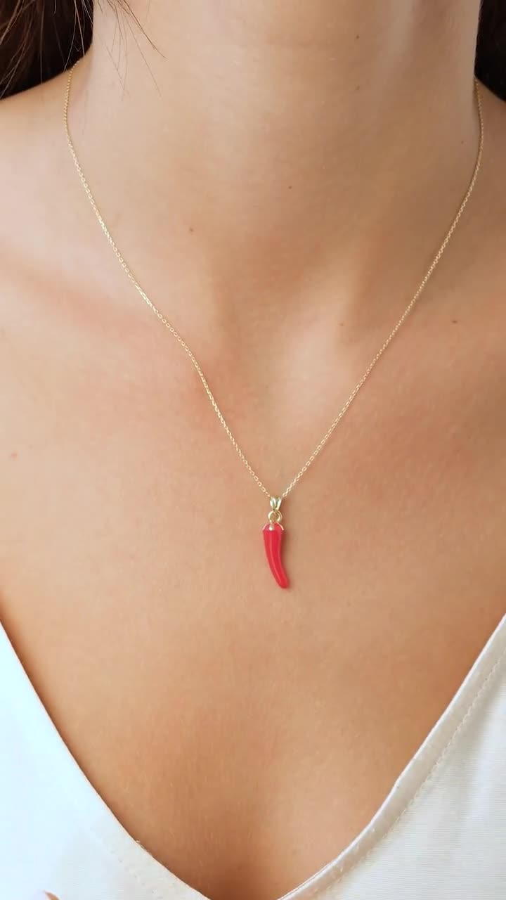 14K Gold Red Horn Necklace, Italian Cornicello Amulet, Chili
