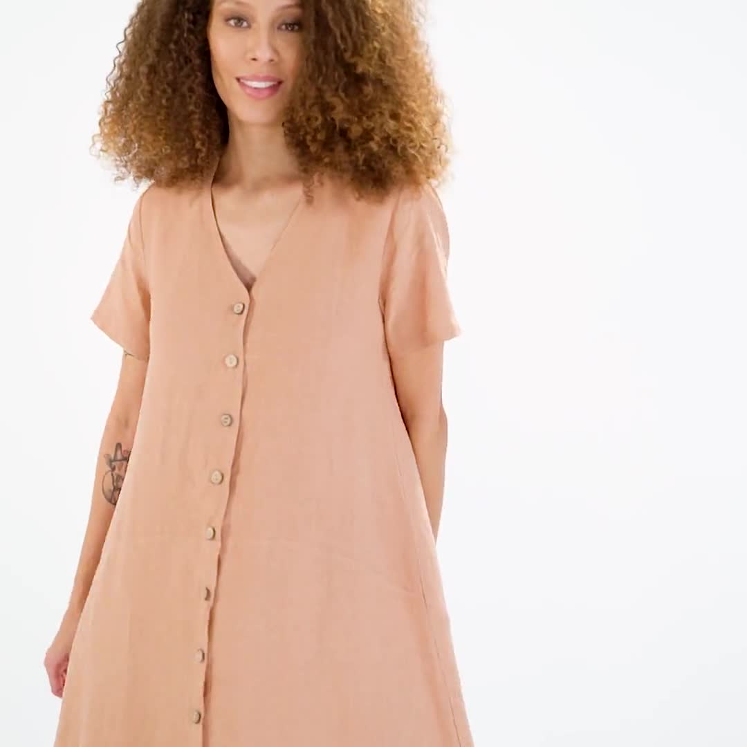 V Neck Linen Button Down Dress With Elastic Band at the Back