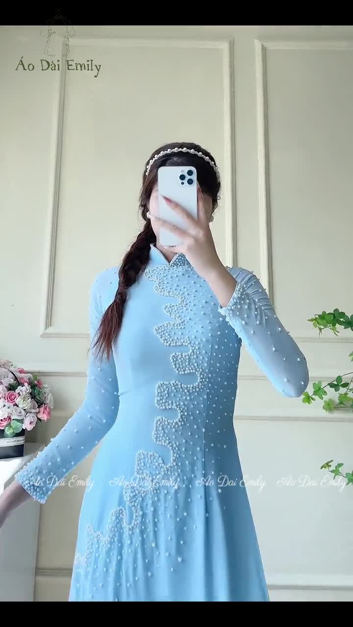Plain Baby Blue Ao Dai Set With Designed Crystals and Pearls Double Layers  Chiffon Ao Dai Set Pants Included ao Dai for Special Event -  Australia