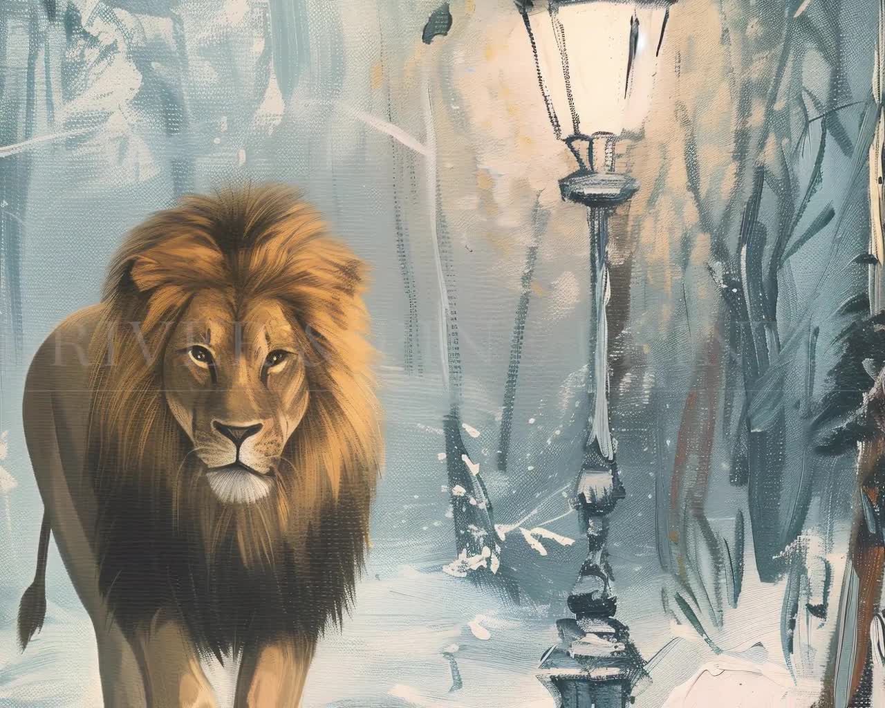 Lion and Lamppost Art Print, Forest Landscape Artwork, Lion Witch