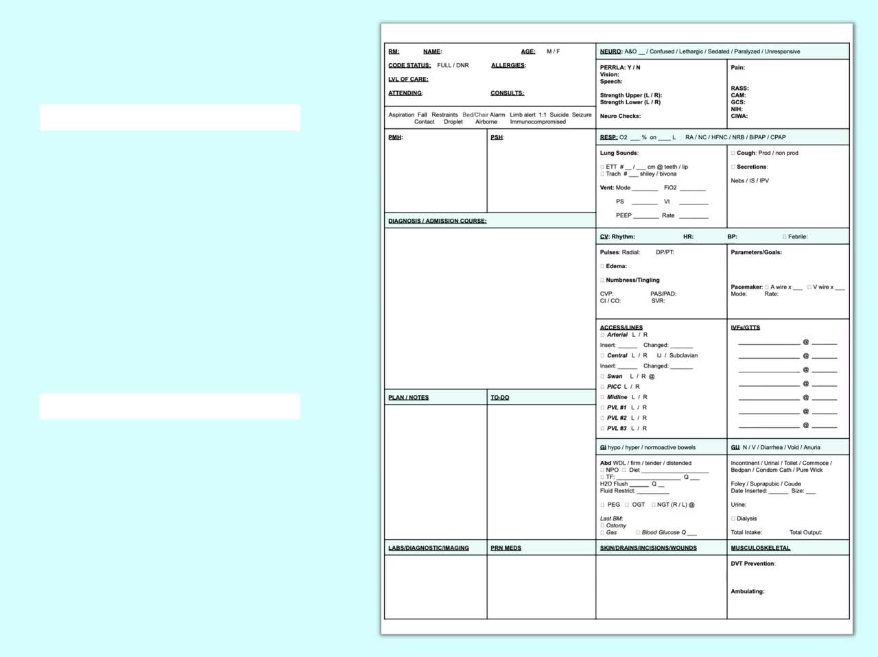 General ICU Nurse Report Sheet, ICU Brain Sheet