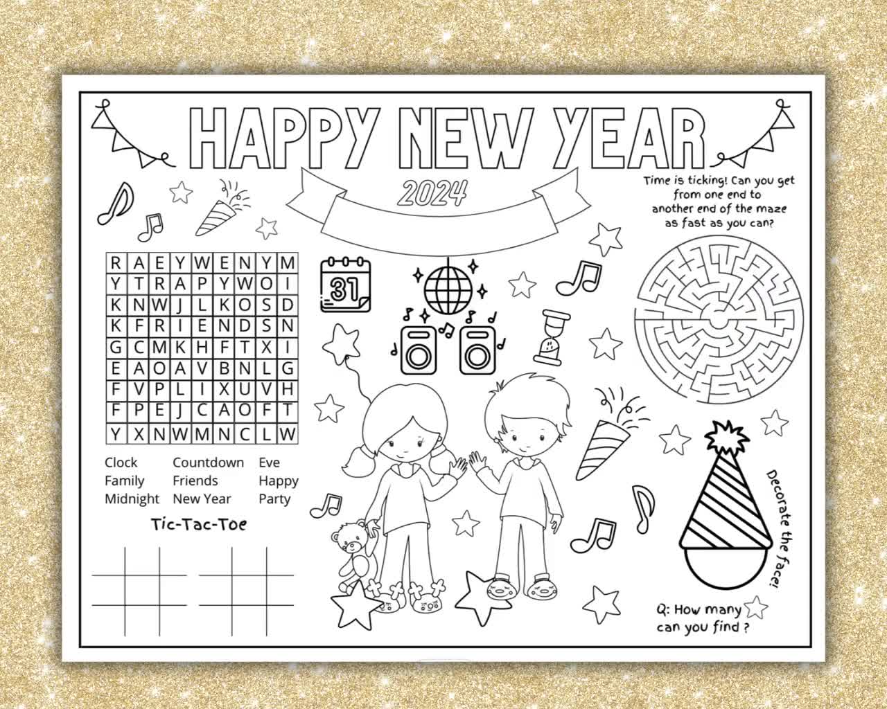 2024 Oudejaarsavond placemat | Afdrukbare kleurenplacemat voor kinderen |  Werkblad Nieuwjaarsactiviteit | Gelukkig Nieuwjaar Kleurplaat Placemat, image size:1280x1024