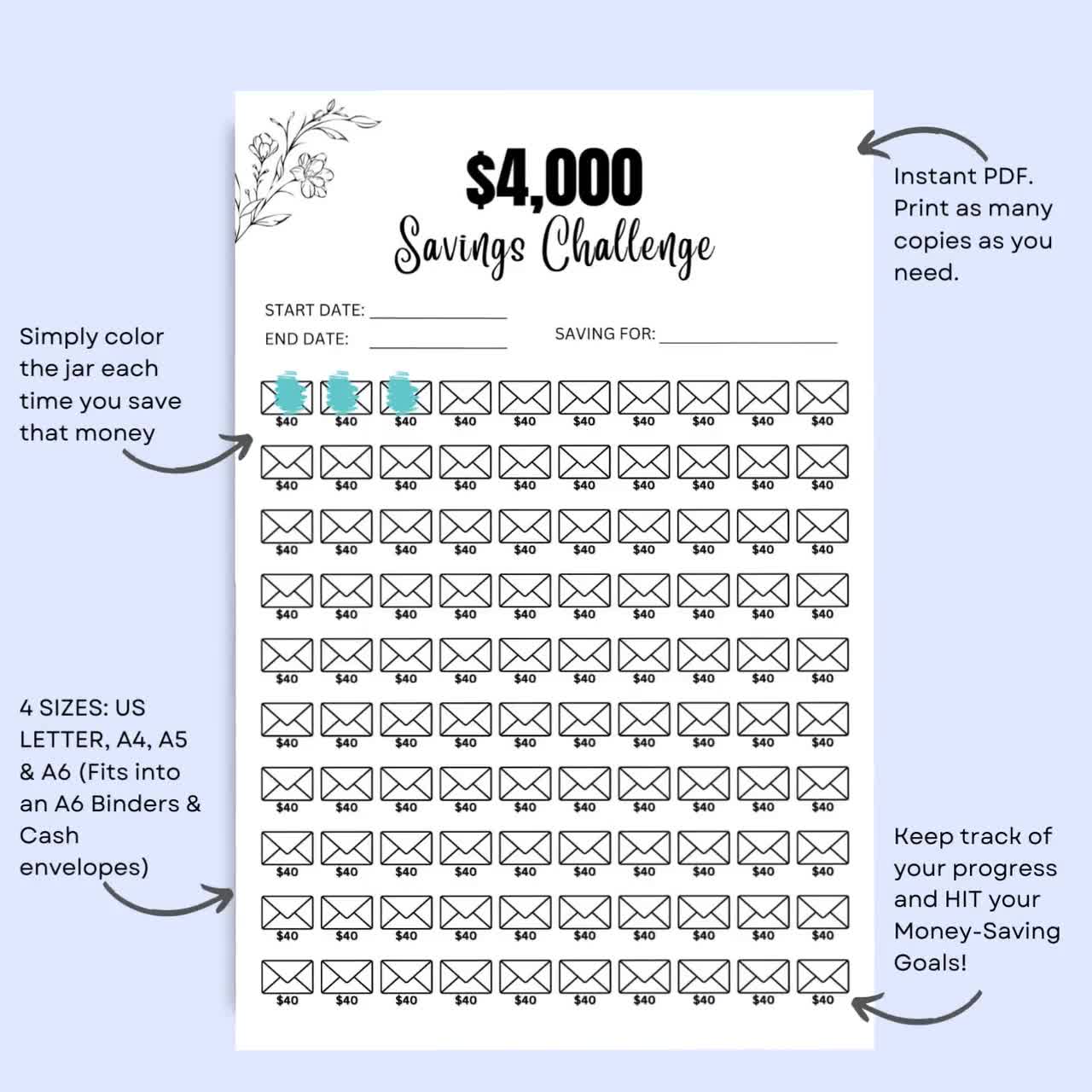 4K Saving Challenge Printable, 100 Envelope Challenge, 4k