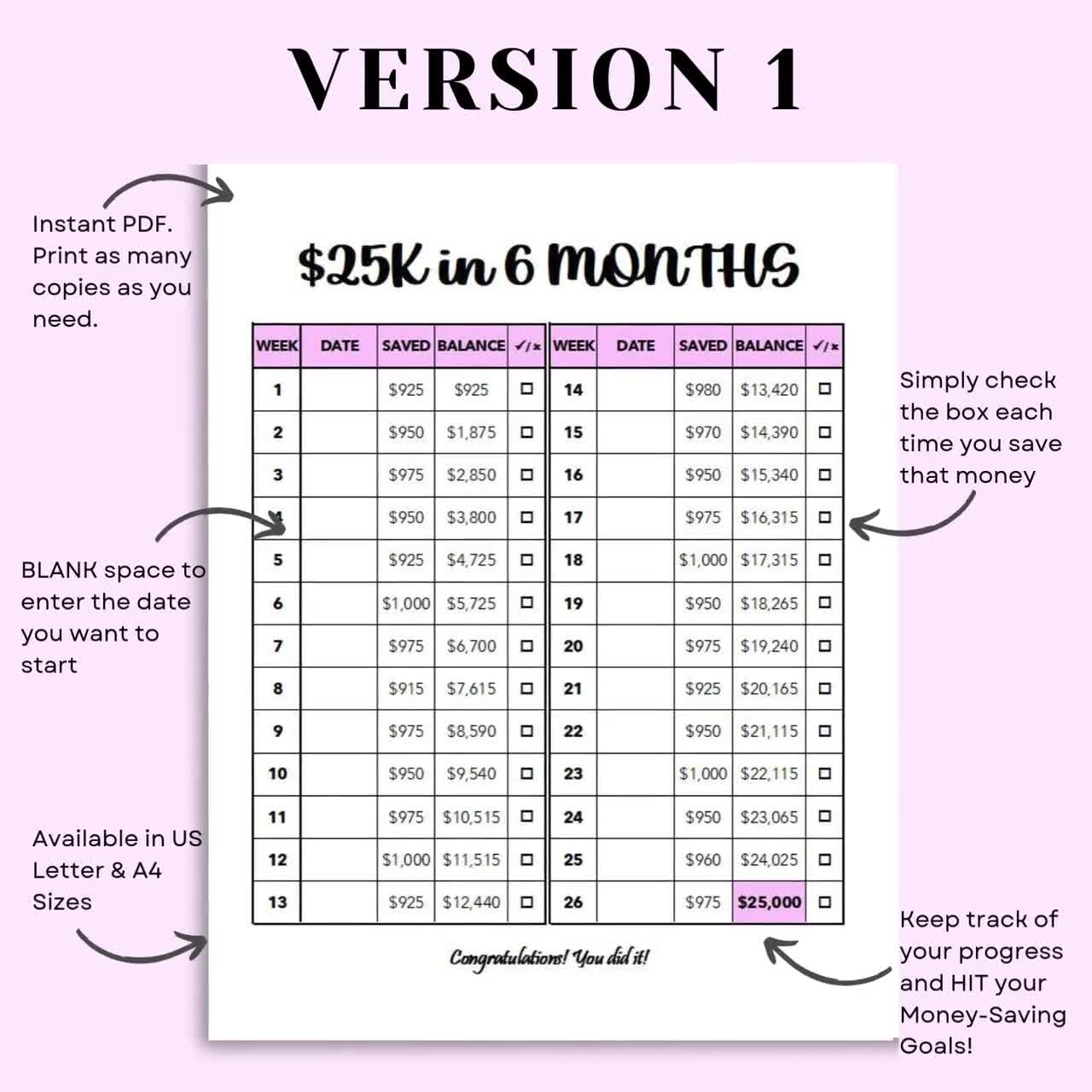 25K Savings Challenge, 6 Months Savings Challenge Printable