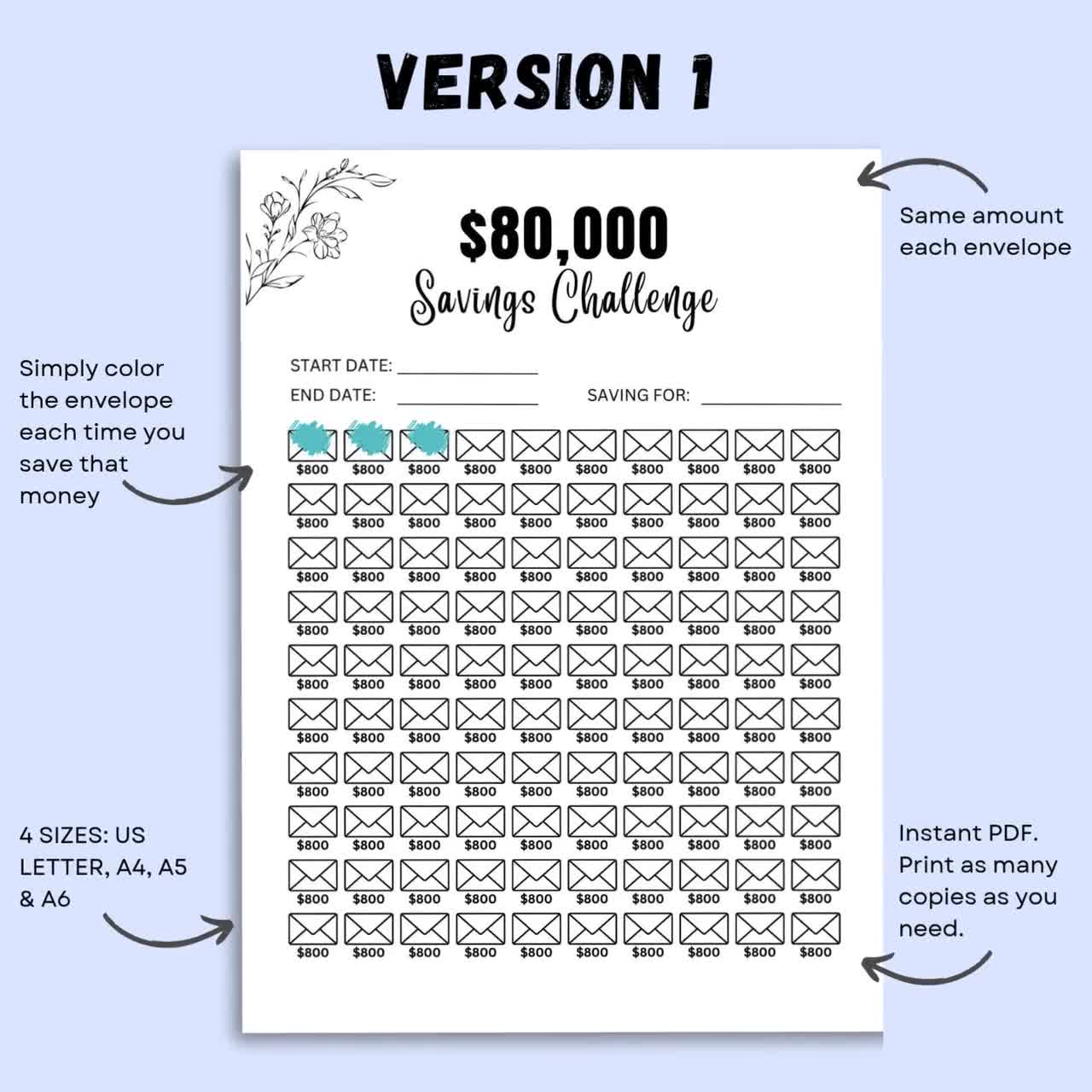 80K Saving Challenge, 100 Envelopes Challenge Printable, 80k