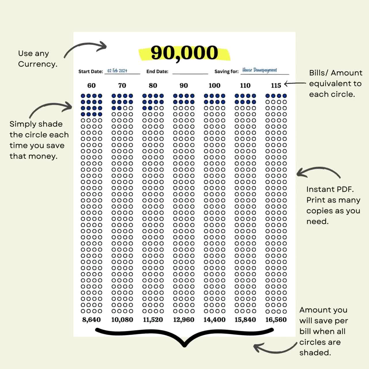90K Saving Challenge Printable: Money Savings Tracker