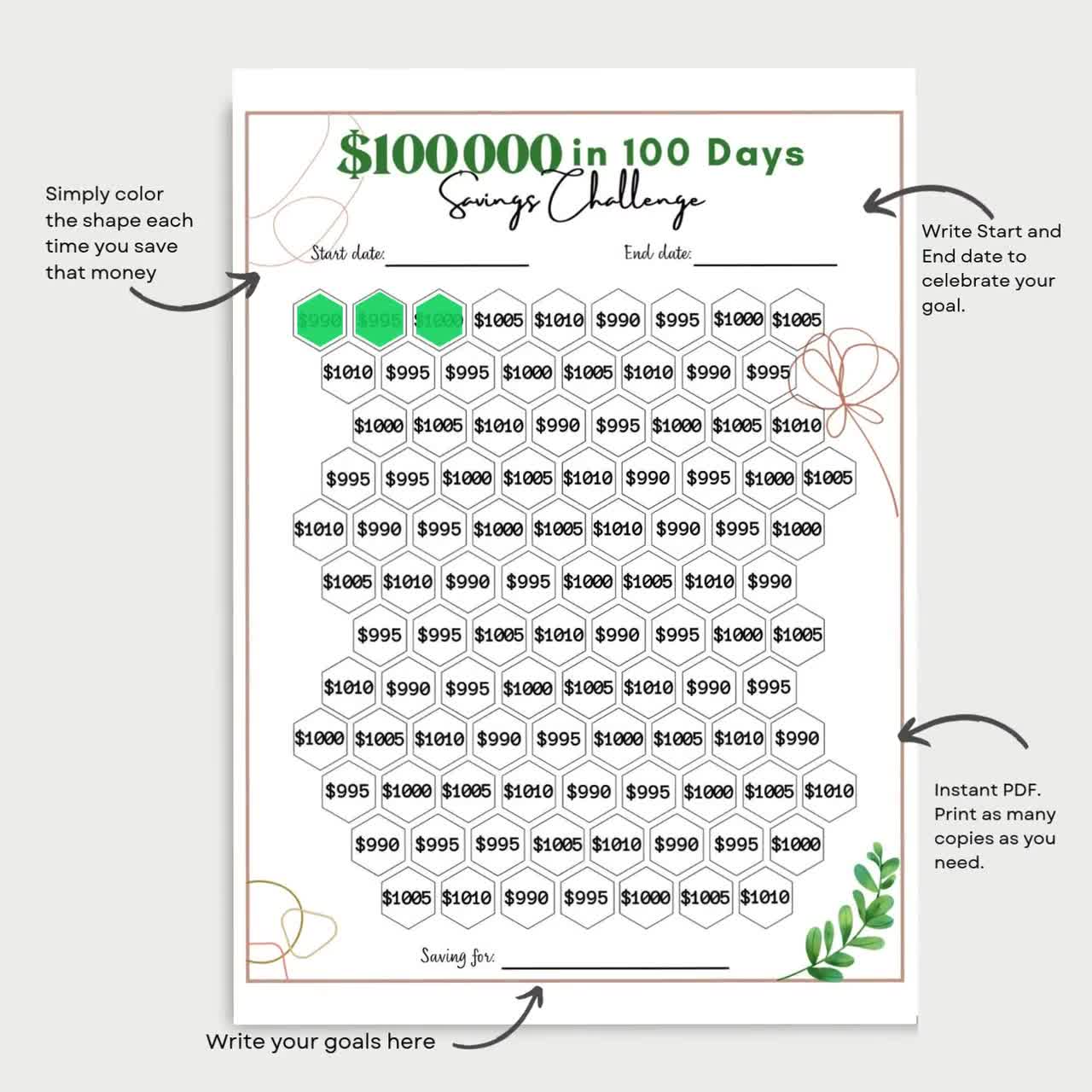 Save 100000 in 100 Days, 100k Money Saving Challenge Printable