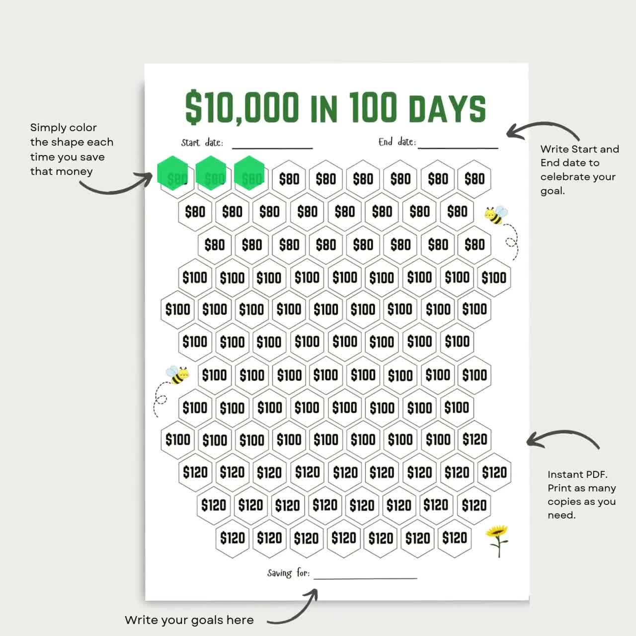 100days saving challenge スクエア 即購入OK 10000 Dollars in 100 Days, 10k Challenge, 100 Day Savings