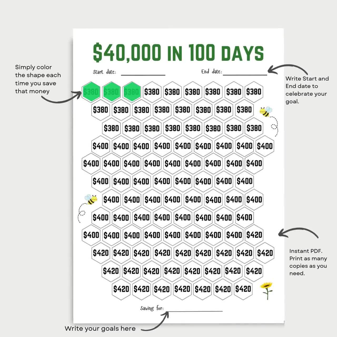 40,000 Money Saving Challenge Printable, Save 40,000 in 100 Days