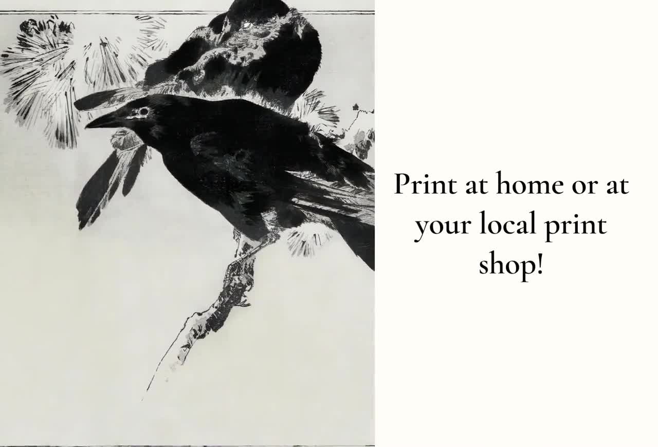 日本画 枝にとまるカラス ヴィンテージウォールアート 印刷用ポスター
