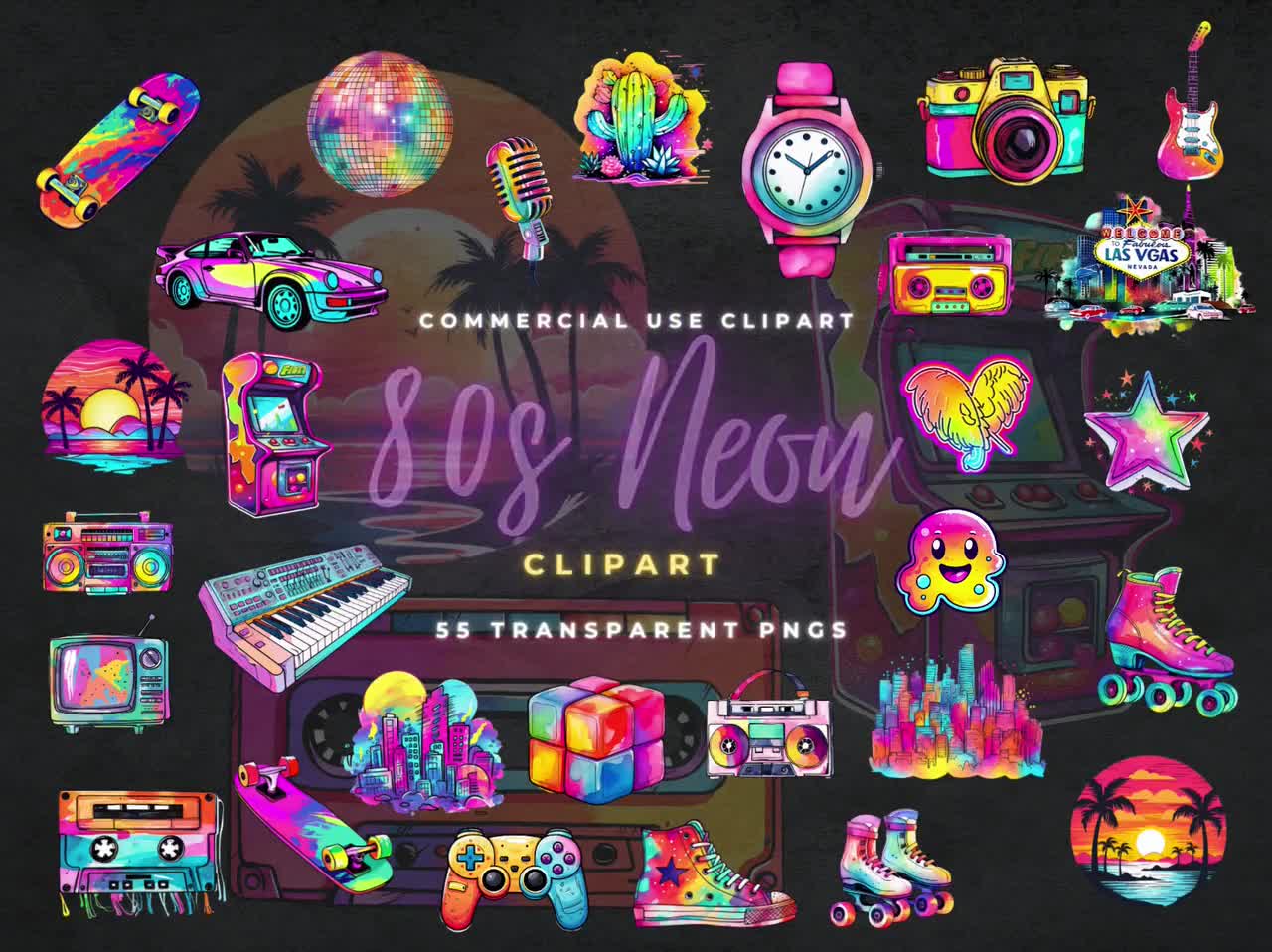 ネオン 80 年代クリップアート、インスタント ダウンロード、80 年代