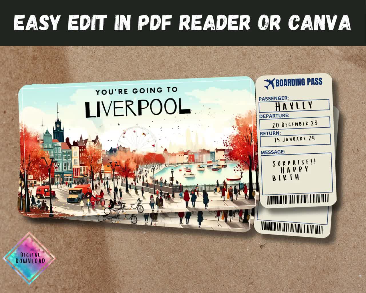 Liverpool Trip Surprise Gift Ticket: Editable Boarding Pass (Printable)