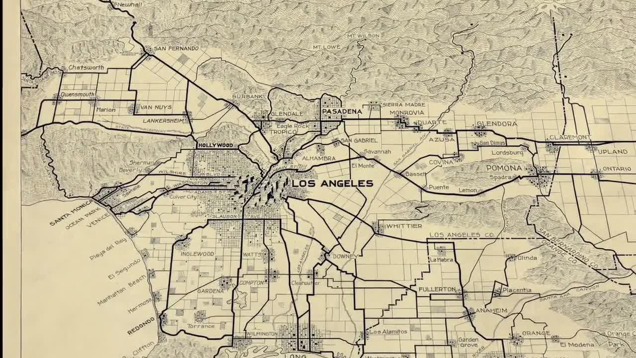 ロサンゼルス地図 1915年、カリフォルニア州ロサンゼルスの古地図