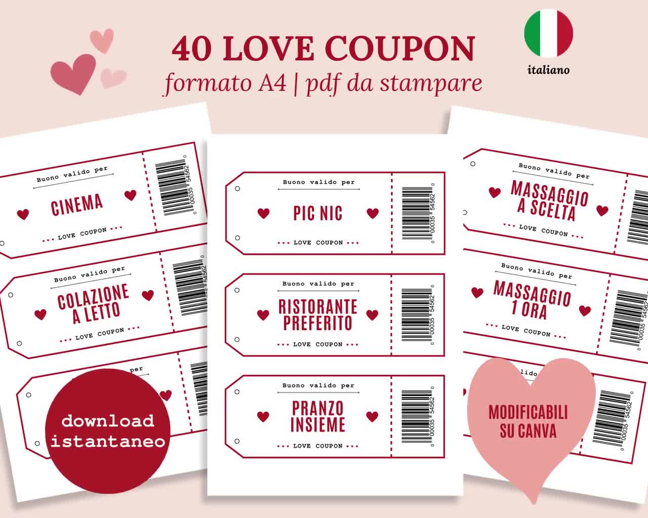 40 Coupons de Couple Modifiables sur Canva, Cadeau Saint Valentin, Chèques  d'Amour en Italien à imprimer -  France