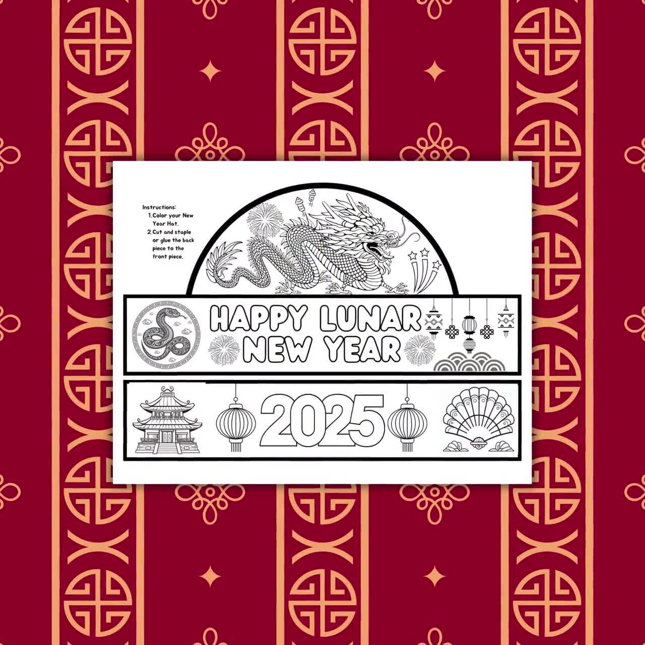 lunar new year coloring craft hat, diy chinese new year craft crown, year  of the dragon hat, happy lunar new year 2025, printable pdf