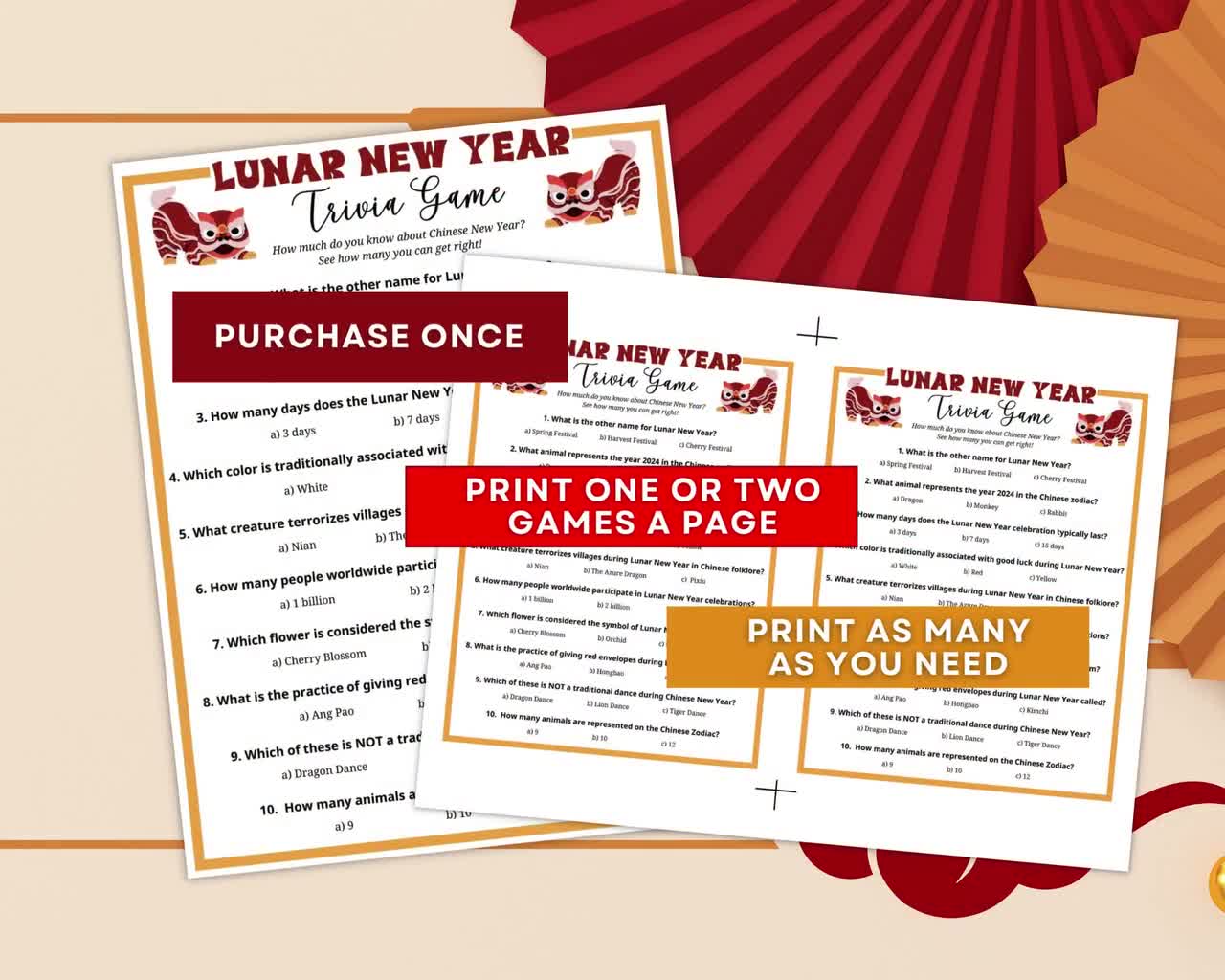 lunar new year trivia 2025, printable party game about chinese new year, 10  fun multiple choice questions with answer key, instant download