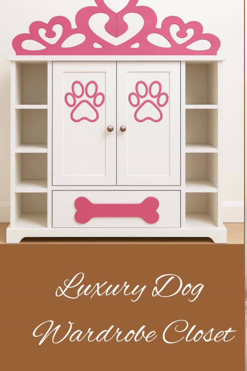 Handmade Dog Wardrobe Closet: Paw Print Doors, Crown Trim