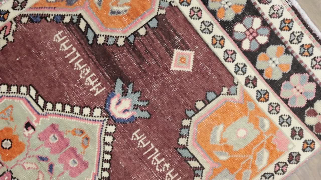 ヴィンテージ ウシャックウール 玄関ラグ：ボヘミアン トルコ風