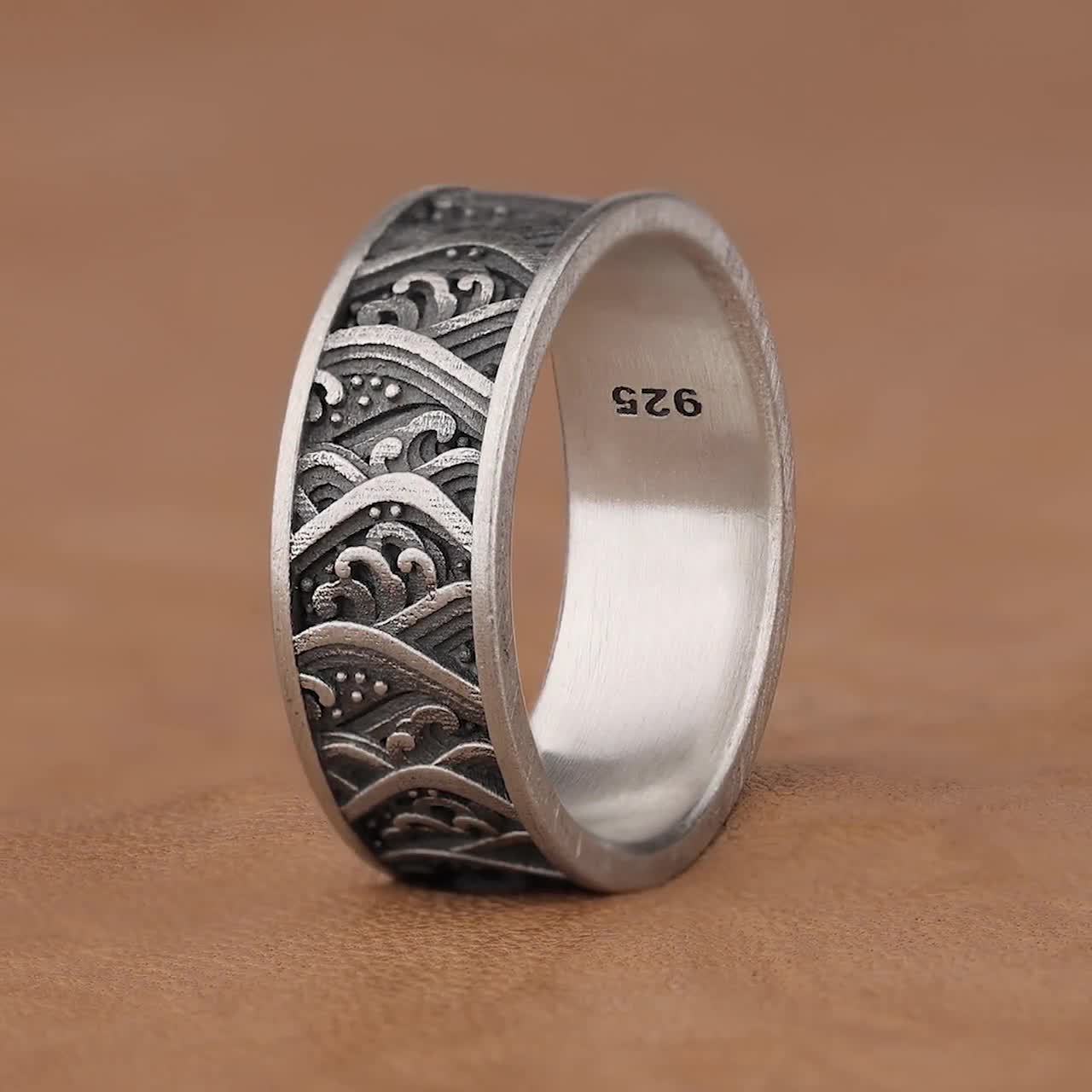 Japanese the Great Wave of Kanagava Engraved Promise Rings