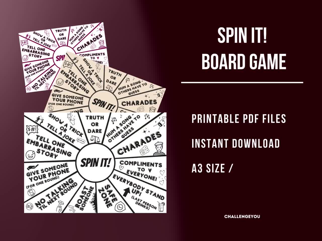 Spin The Bottle Game, Party Game Printable, Birthday Game, Board Game  Printable, Fun And Challenging Activity For All Ages, A3 Size PDF