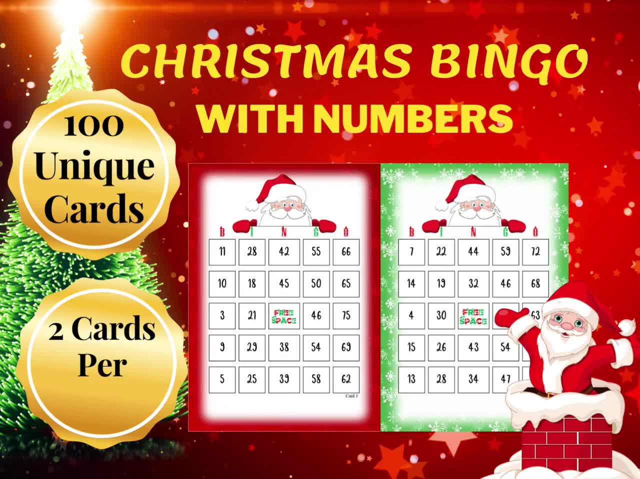 100 christmas bingo cards with numbers (digital download)