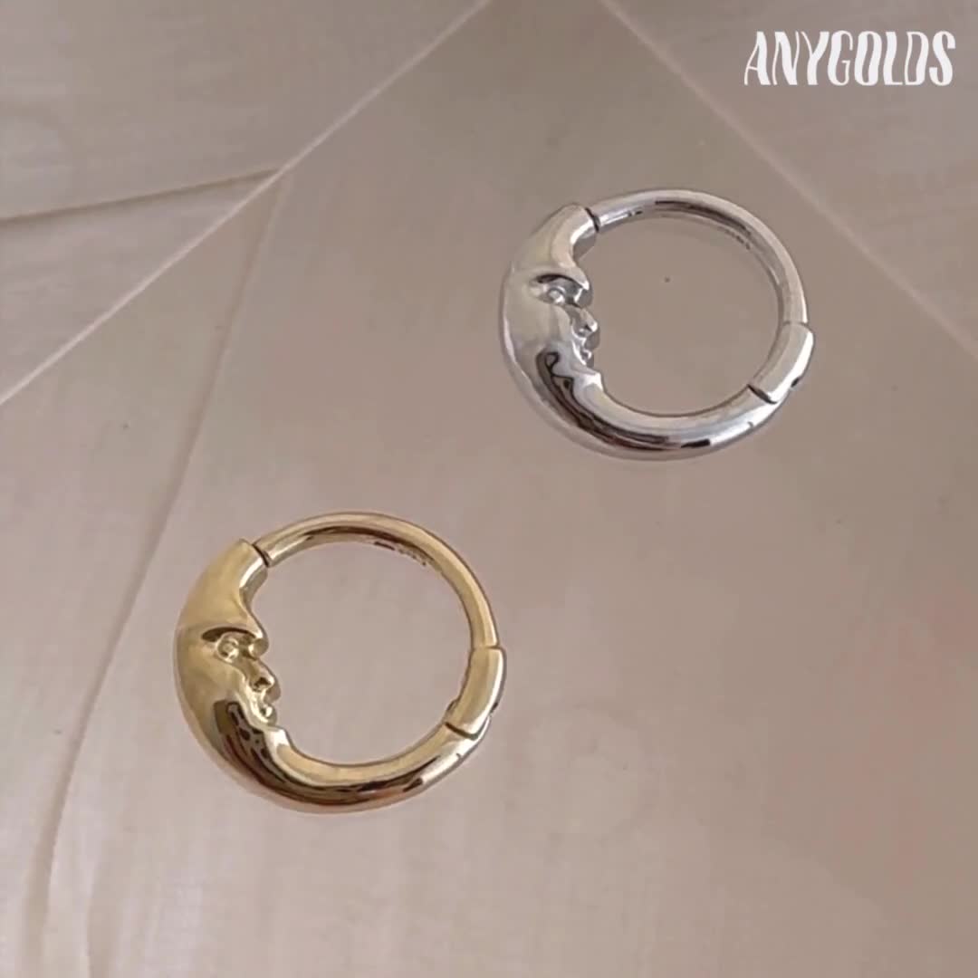 14K Solid Gold Moon Half Face Hoop Piercing Cartilage Daith