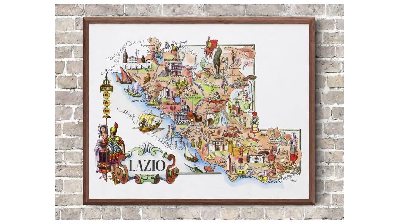 イタリアのラツィオ州の楽しい地図 ヴィンテージの絵入り気まぐれな