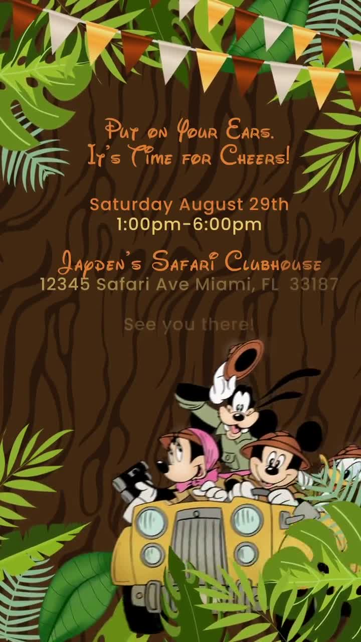 Mickey Mouse Safari Video Invitation, Mickey Mouse Safari Invitation,  Mickey Mouse Safari Birthday Party Invitation