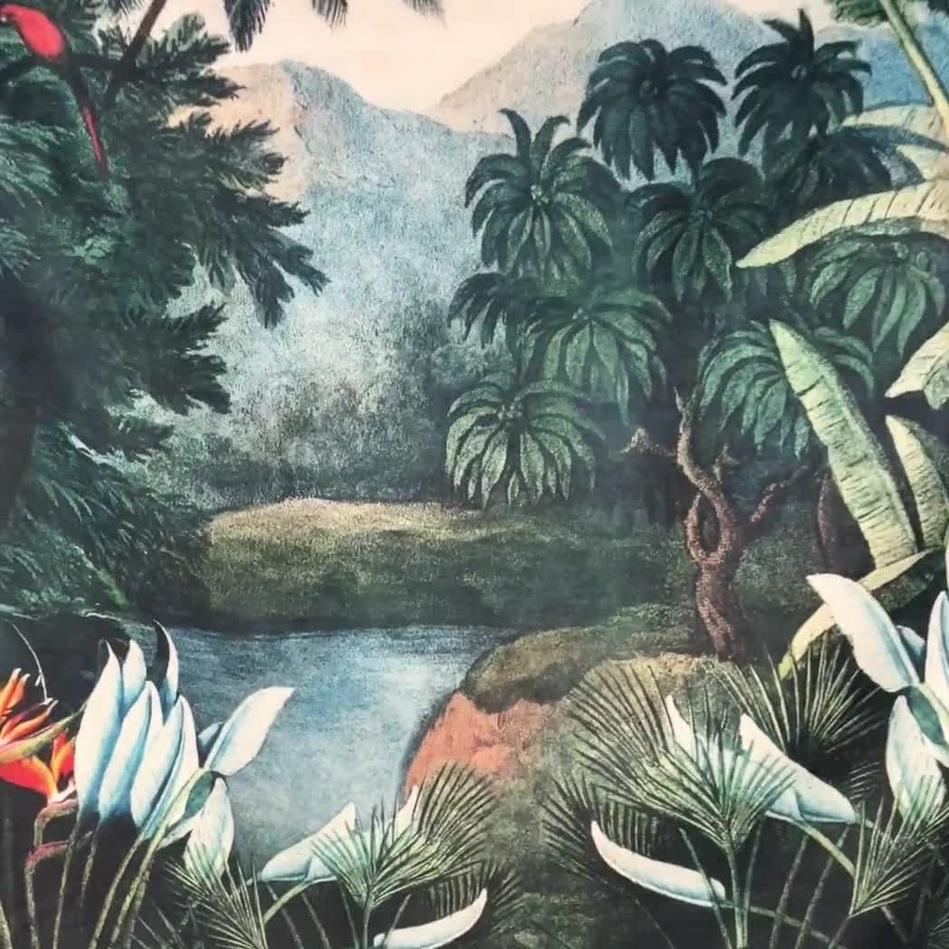 Arazzo da parete vintage di alberi e piante tropicali in tessuto di cotone,  banani, fiore uccello del paradiso, decorazione murale Strelitzia. MIS003EU  -  Italia