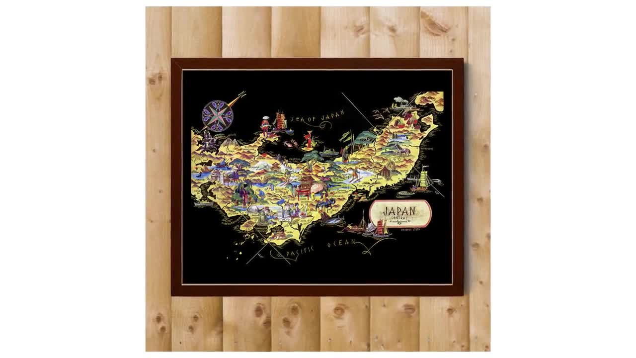Map of Central Japan - Fun Vintage Pictorial Whimsical Cartoon Old Print  Illustration Adventure Wall Art Décor Gift Poster Geography, image size:1280x720