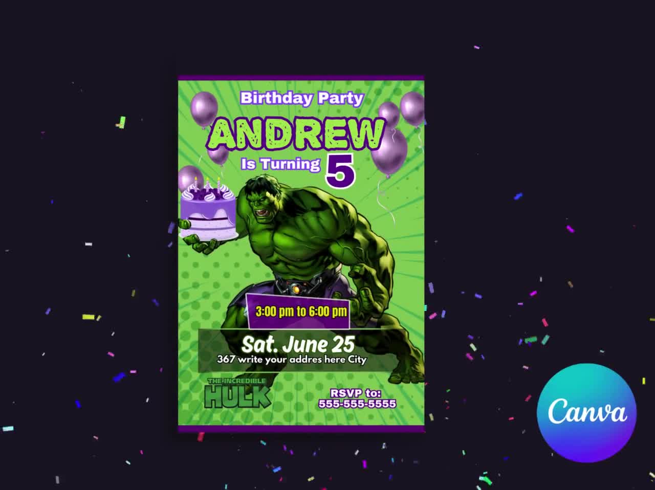 INCREDIBLE HULK birthday invitation editable online, hulk digital canva  template