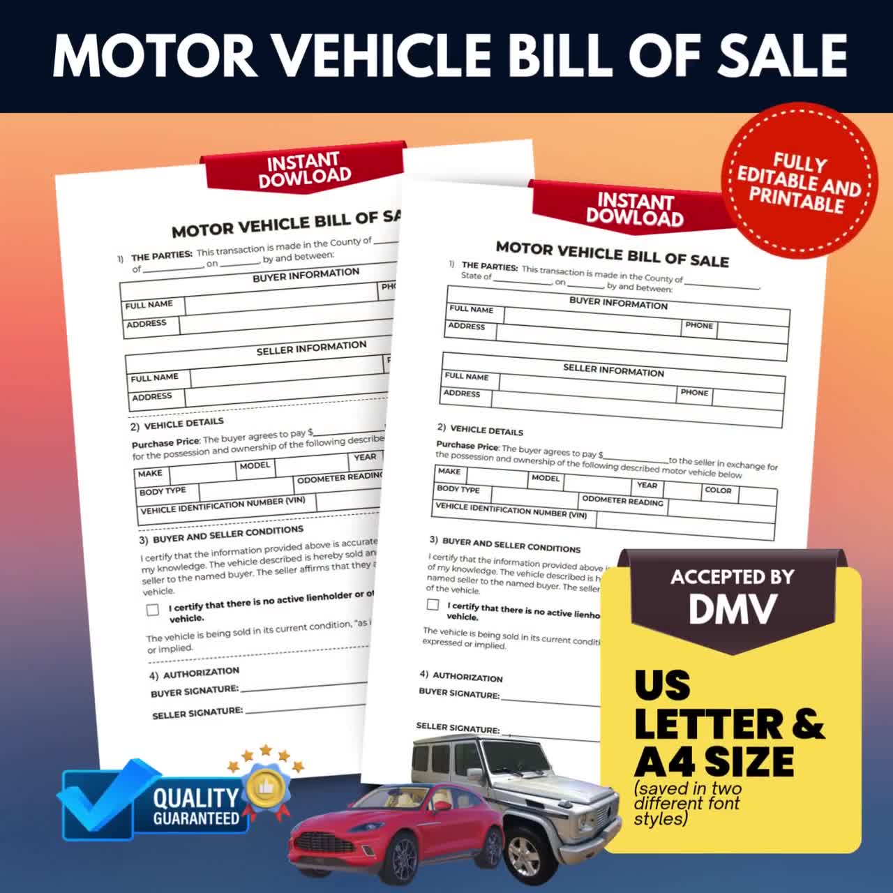 Motor Vehicle Bill of Sale Form Template, Printable DMV Accepted