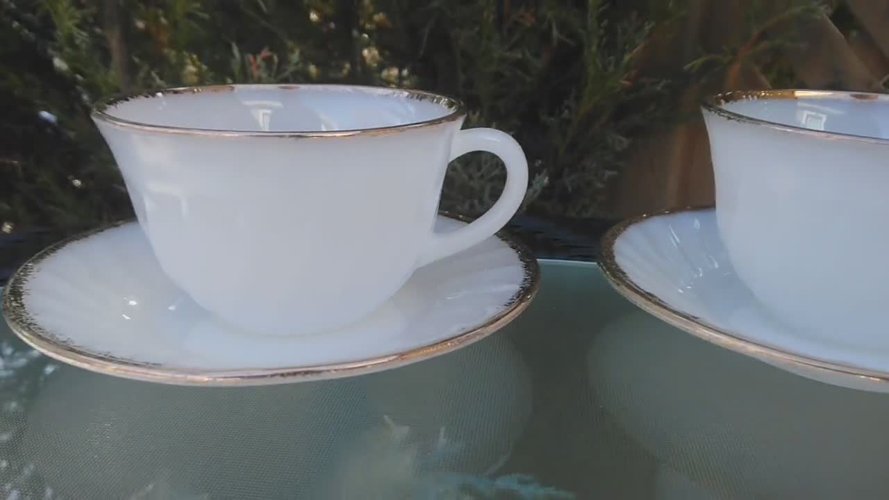 Vintage Anchor Hocking Fire King Ware, USA, Milk Glass White Swirl Tea Cup  And Saucer-Set Of Three