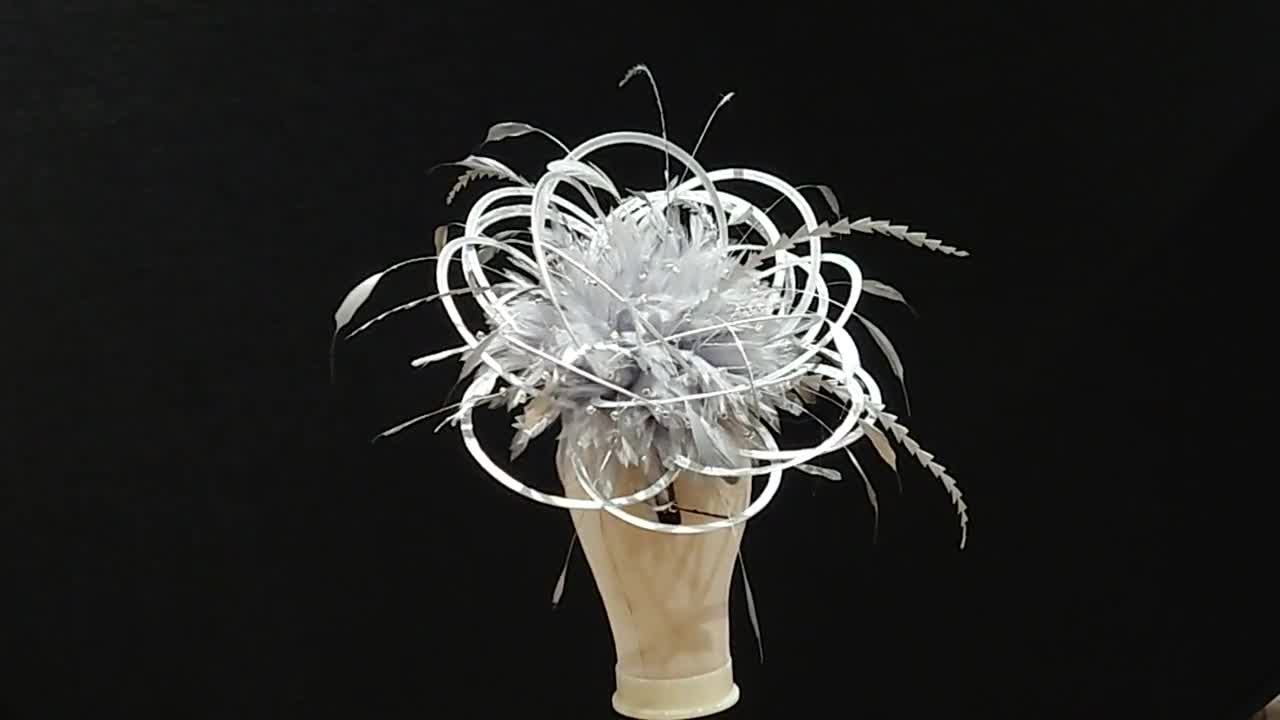 Silver Large Feather Fascinator Hat with rhinestones CHOOSE ANY COLOUR video poster