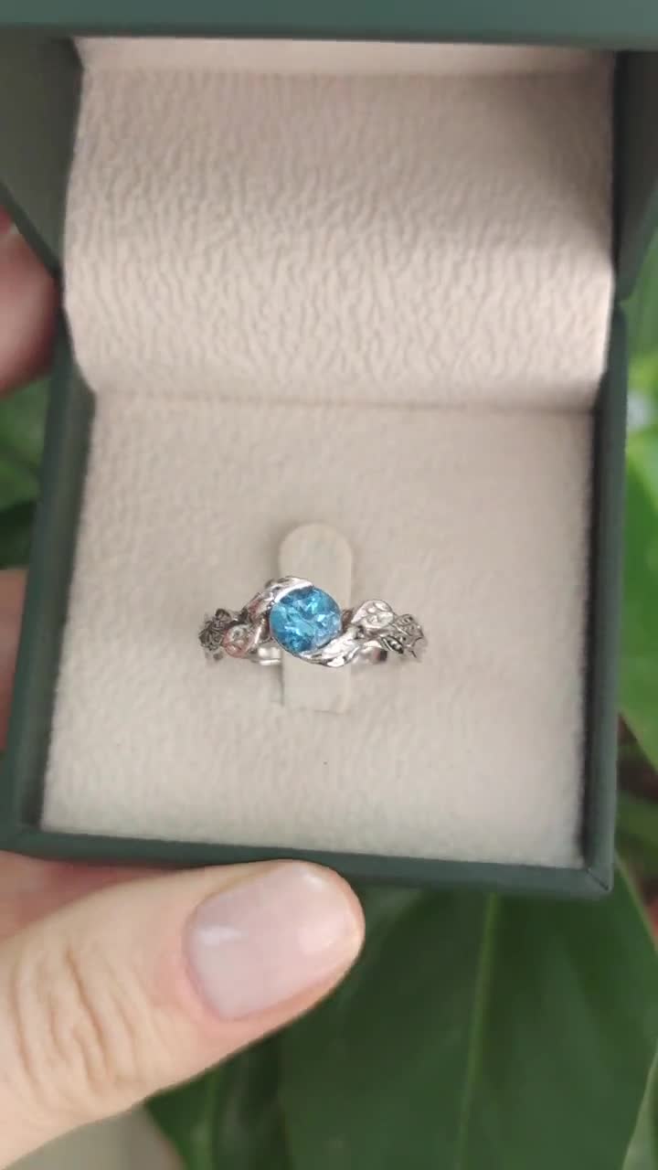 Leaf Ring, Blue Topaz Leaf Engagement Ring In White Gold, Engagement Ring  With Blue Topaz, Leaves Ring, Forest Ring, Natural Floral Ring