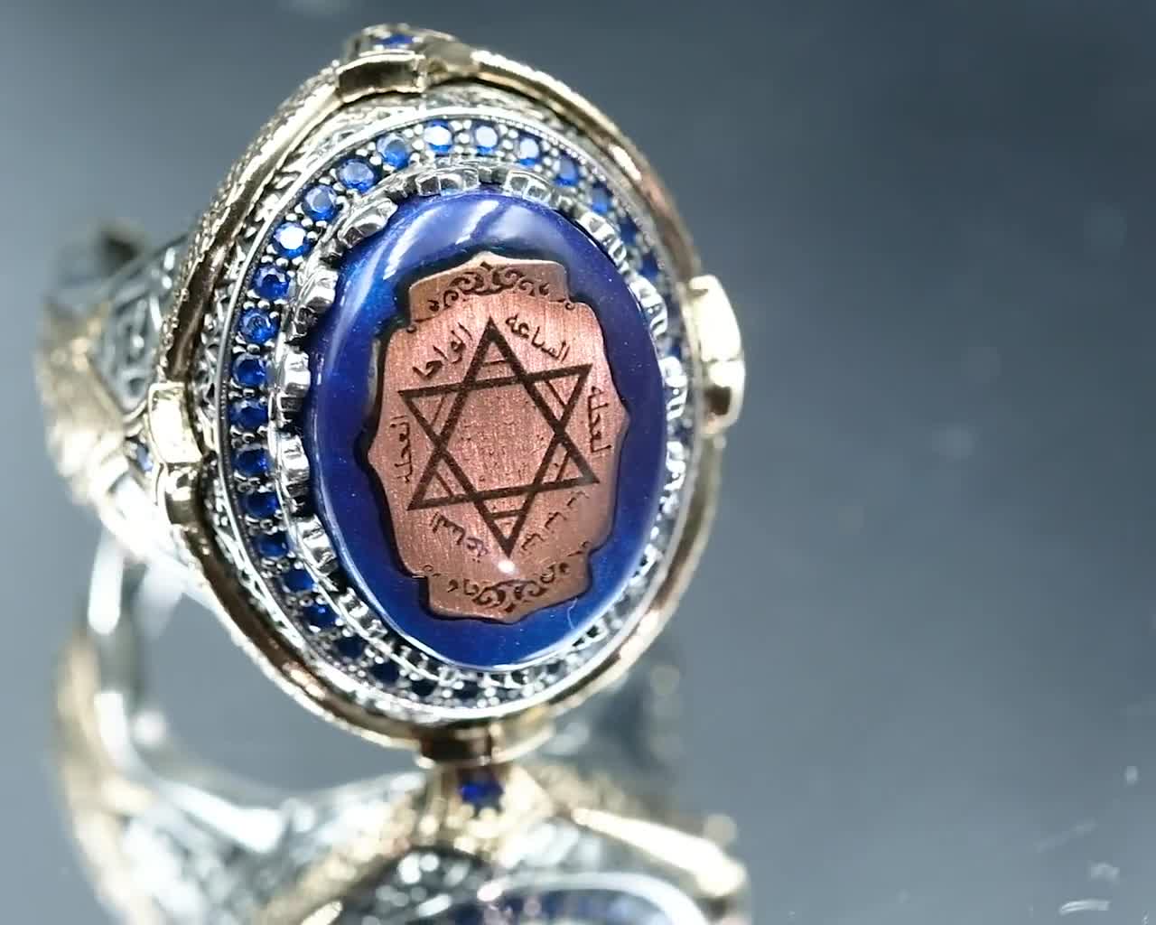 King Solomon Seal Engraved Mens Ring Mint Green Amber 