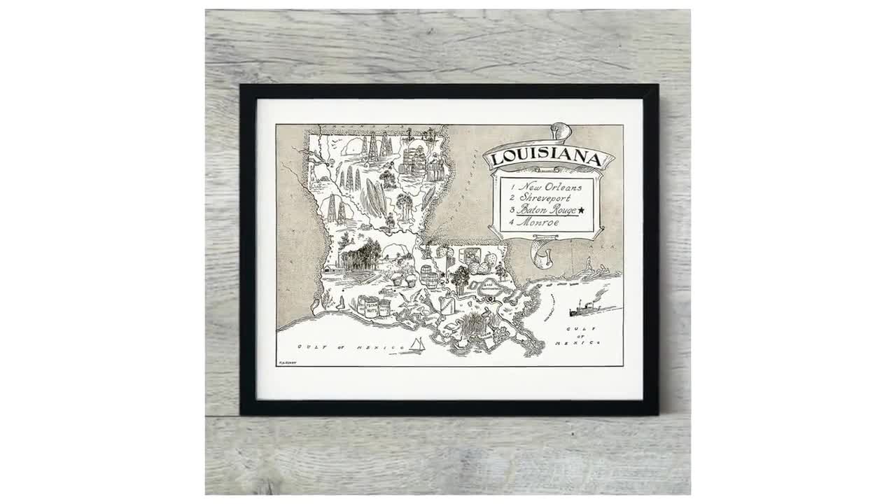 Vintage State Map of Louisiana Fun Pictorial Whimsical 