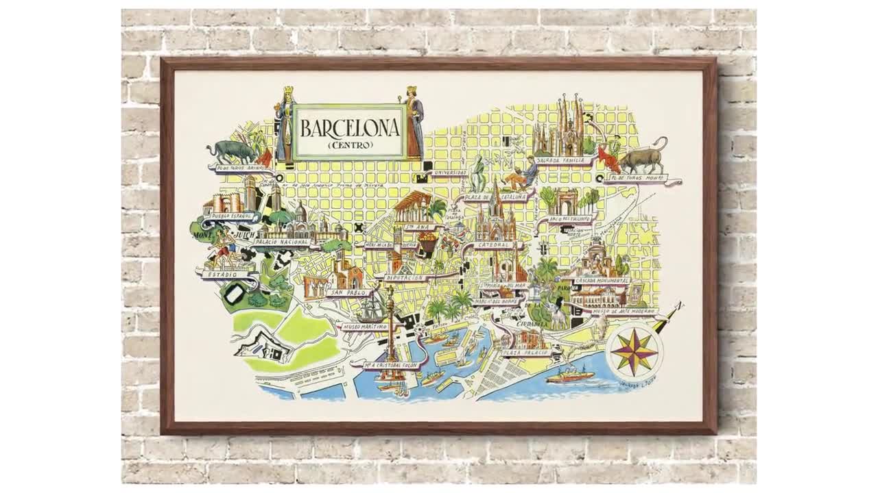 スペインのバルセロナの楽しい地図 ヴィンテージの絵入り風変わりな