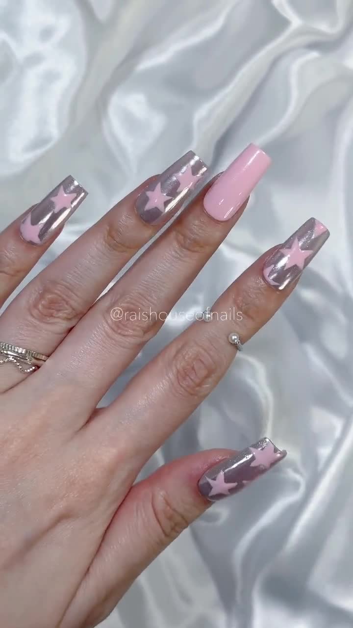 Planet Hopping Long Square Silver Bold Press On Nails – RainyRoses