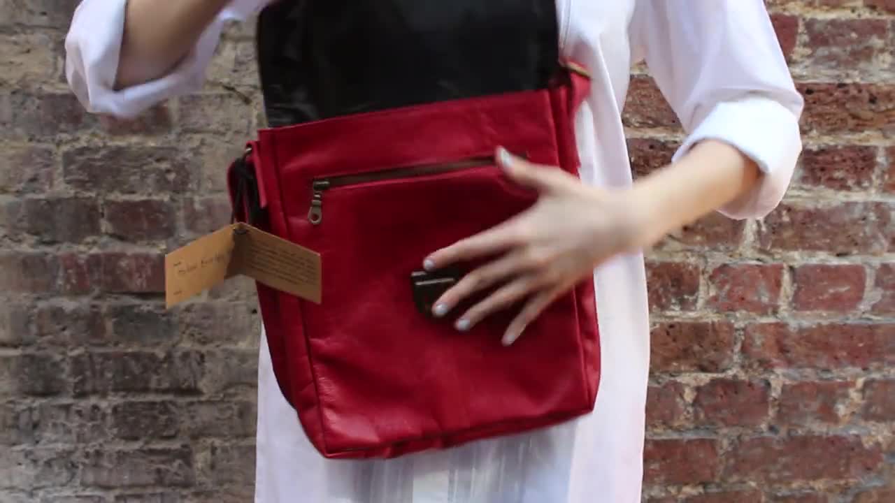 Messenger Bag, Medium Envelope Red Leather, Attached Zip Messenger Bag, Medium Envelope Red Leather, Attached Zip
