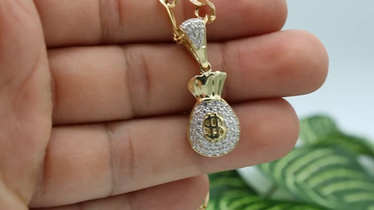 10K Yellow Money Dollar Bag Charm Real Diamond Money Bag Pendant