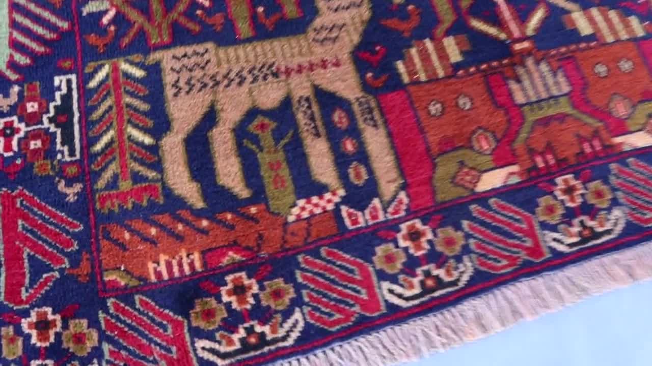 4x7 ヴィンテージ 絵画ラグ、アフガニスタン ハンドメイド 天然染料
